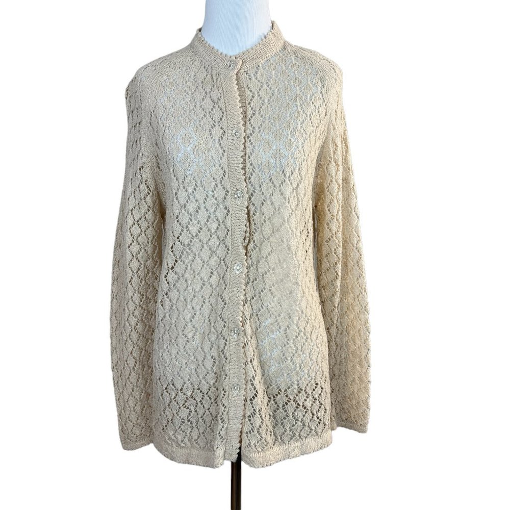 Vintage Cardigan Sweater Women Medium Beige Open Knit Crochet Long Sleeve Button